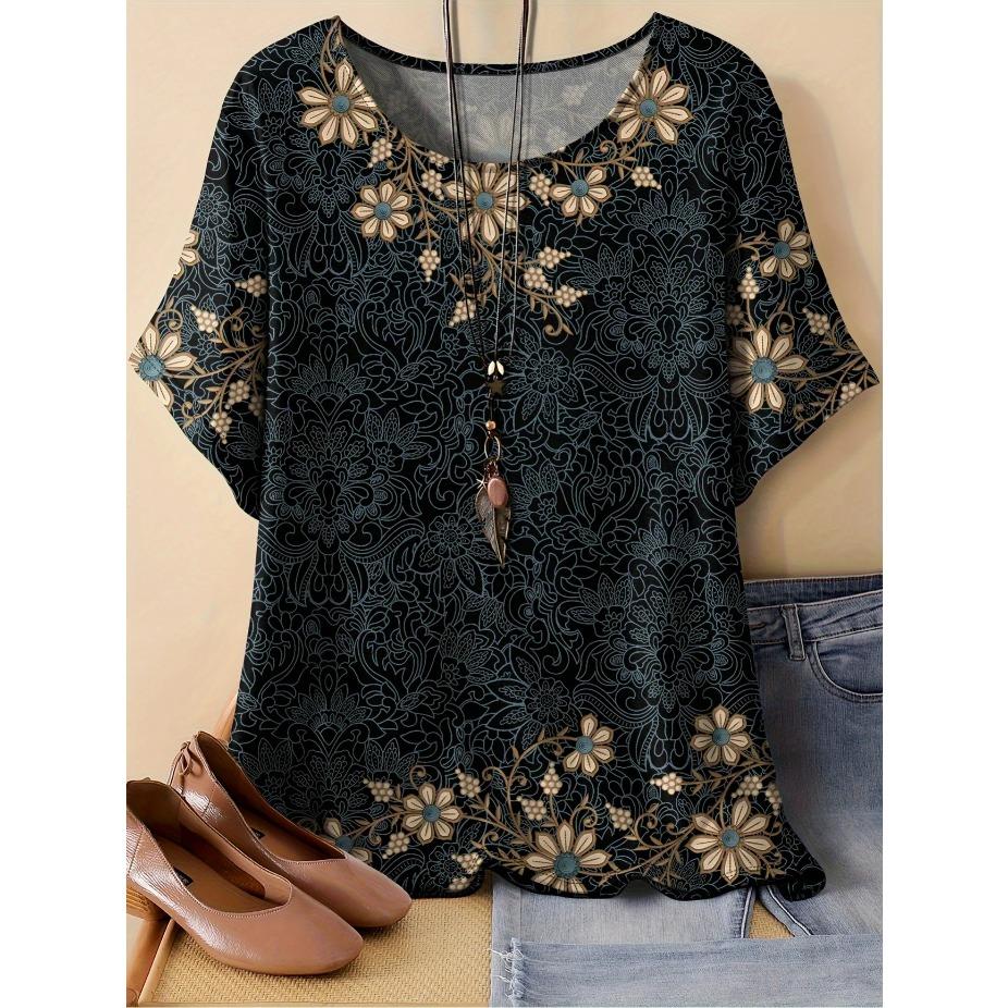 

Женская футболка с цветочным принтом бабочки, мягкий эластичный полиэстер, повседневная футболка с круглым вырезом и коротким рукавом, модный топ на весну/лето 7XL чёрный