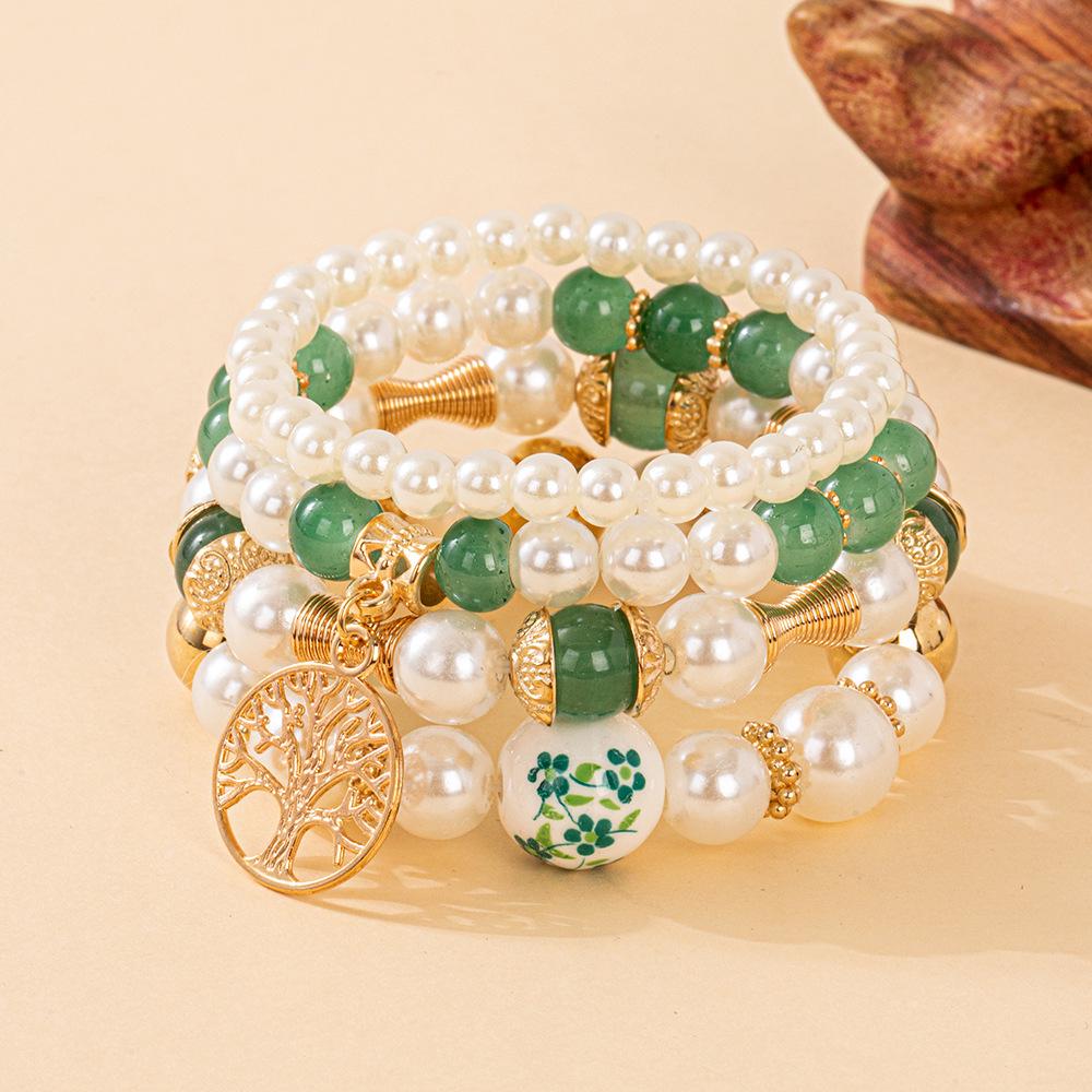 Bohemian Beaded Bracelet Set with Tree of Life Pendant and Faux Pearls