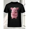 Men's Funny Cute Pink Pig Face T-Shirt with Expressive Eyes - Soft Loose-Fit Crew Neck Tee, Lightweight Casual Shirt Suitable for Parties, Photo