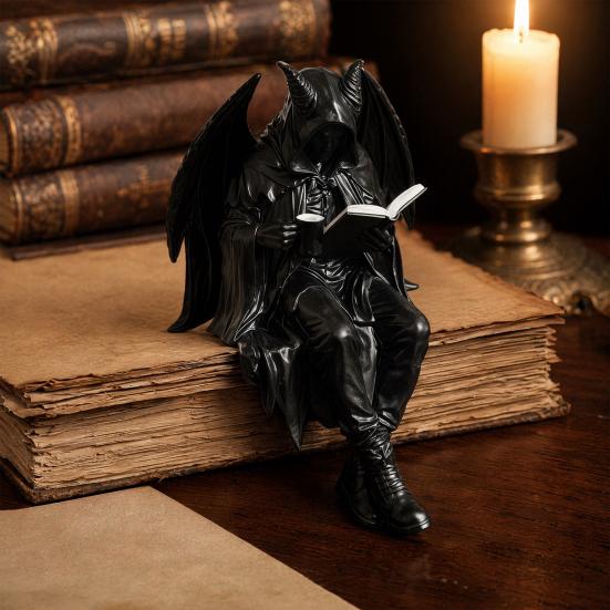 Yousheng Halloween Reading Book Skeleton Figurine, Spooky Reading Devil Resin Sculpture, Gothic Black Robe Grim Reaper Statue for Home