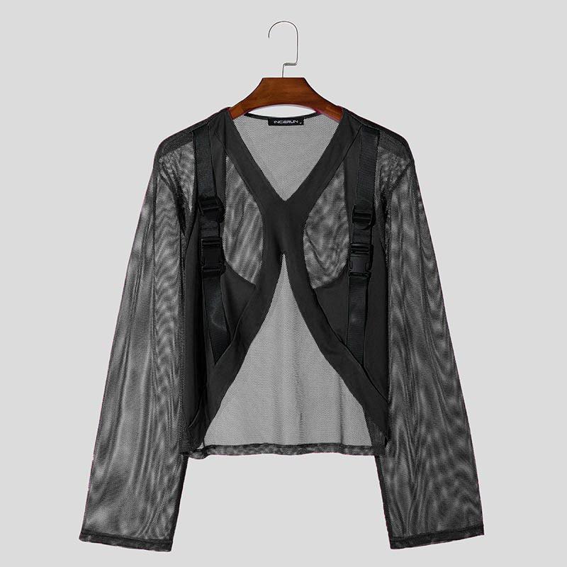 

INCERUN Men V Neck Long Sleeve Patchwork See Through Mesh Cutout T-Shirts Tops S чёрный
