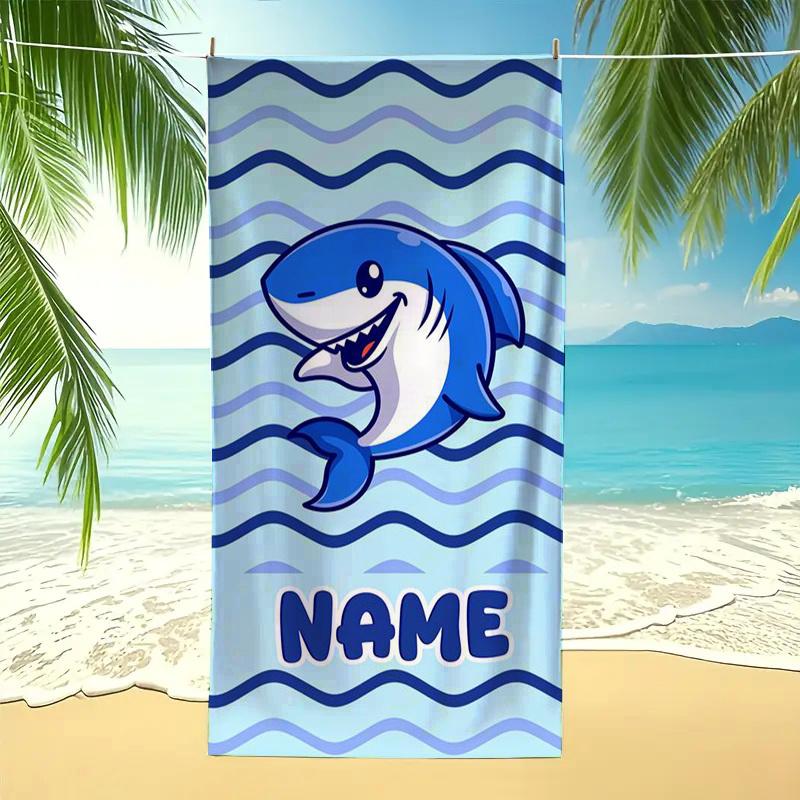 Custom Cartoon Shark Beach Towel Personalized Name Print Soft Quick-Dry Large Bath Towel for Kids Swim Pool Travel Gift