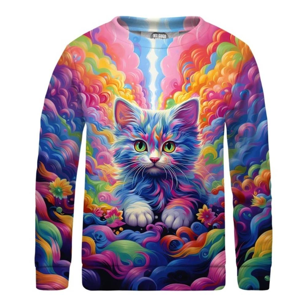 Children's Cartoon Animal Colorful Kitten Print Cute T-shirts Boys Long Sleeved Fashionable Soft Comfortable Top