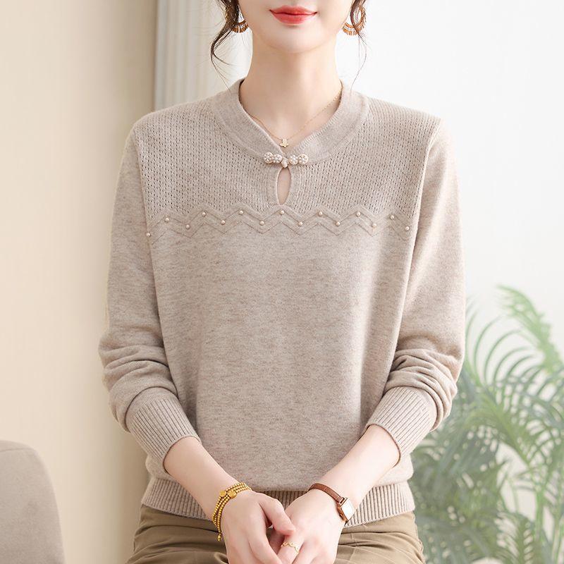 Fashionable Loose Base Casual and Versatile Pullover Round Neck Hollow Fashion Solid Color Sweater Knitted Long-sleeved Top