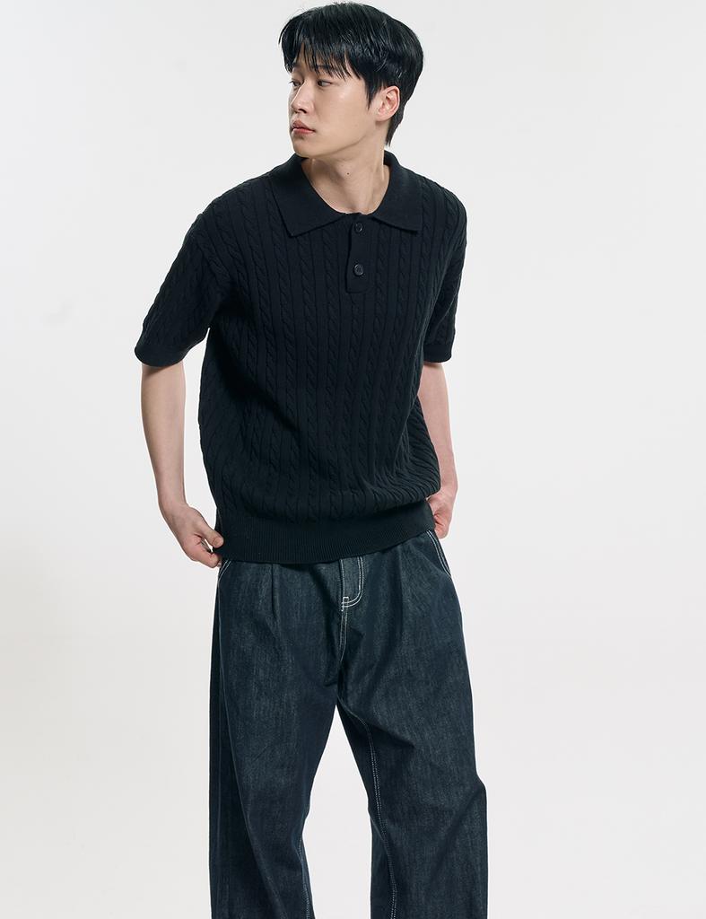 CLEVER FIELD Urban Cotton Cable Collar Knit_Black