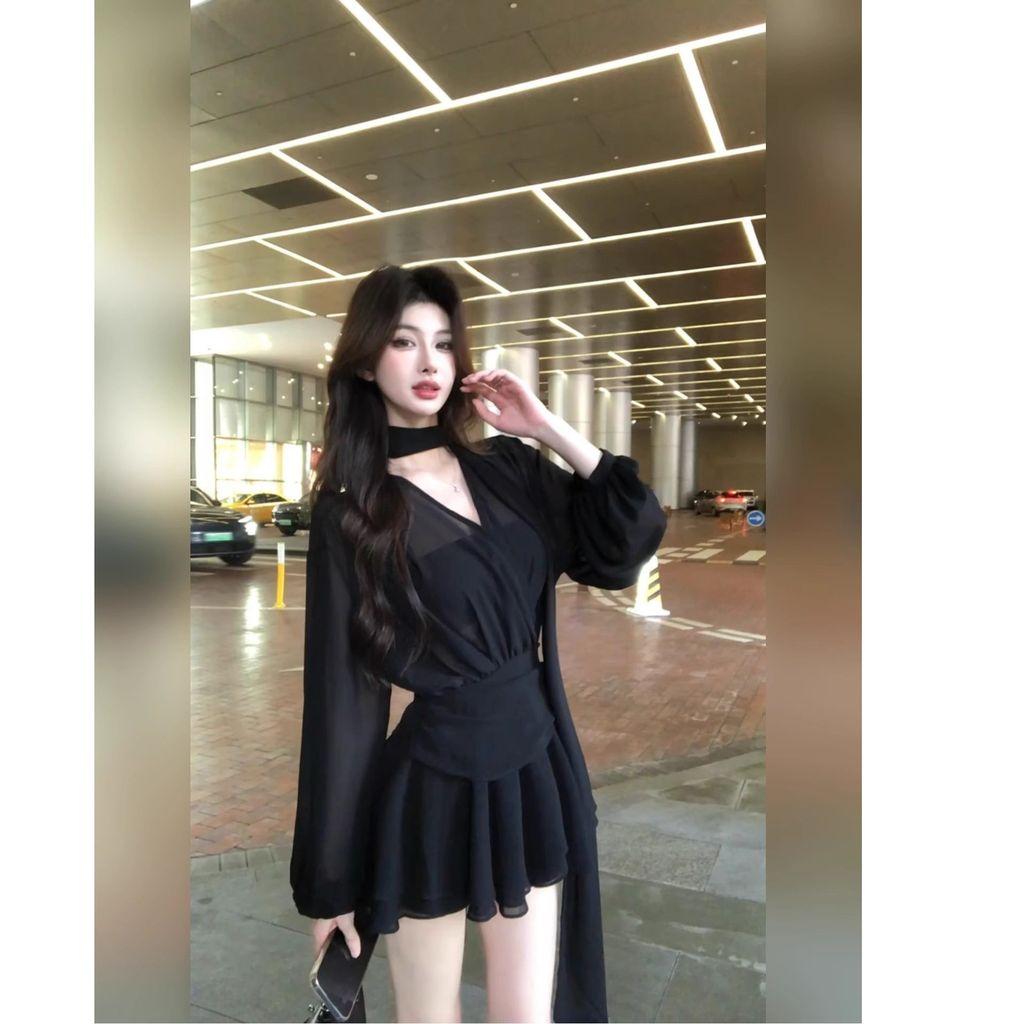Elegant Polyester Long Sleeve Dress With Waist Cinch For Summer Party Wear