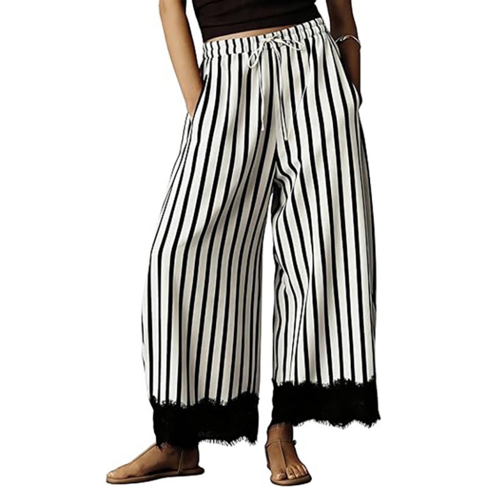 Women Lace Trim Striped Wide Leg Pants High Waist Drawstring Loose Fit Casual Trousers with Pockets for Daily Wear M чёрный