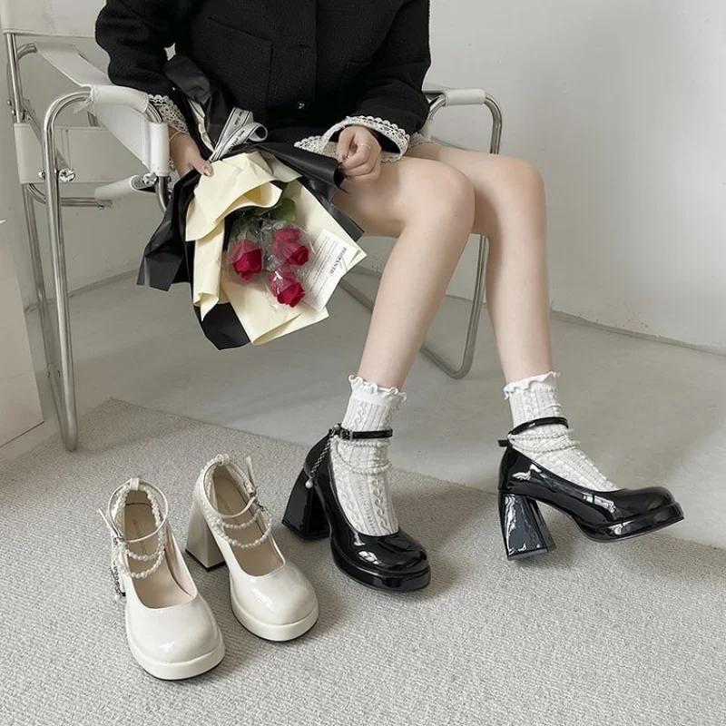 Fashion 2024 Women Platform Shoes Pumps Spring Lady Chunky High Heels Round Toe Sexy Ankle Strap Dress Party Wedding Women Heeled Shoes