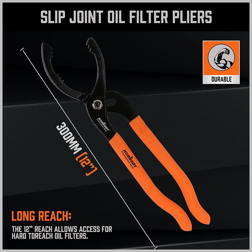 HORUSDY 12" Adjustable Oil Filter Pliers, 20° Angled Jaw Heavy-Duty Oil Filter Wrench, High Carbon Steel Removal Tool With Non-Slip Handles, Fits