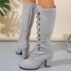 Mode Winter Damen Stiefel Schuhe Mode Vintage Schnürstiefel Damen Rund Cowboy Hohe Absätze Stiefeletten Schuhe Frau Botas Mujer