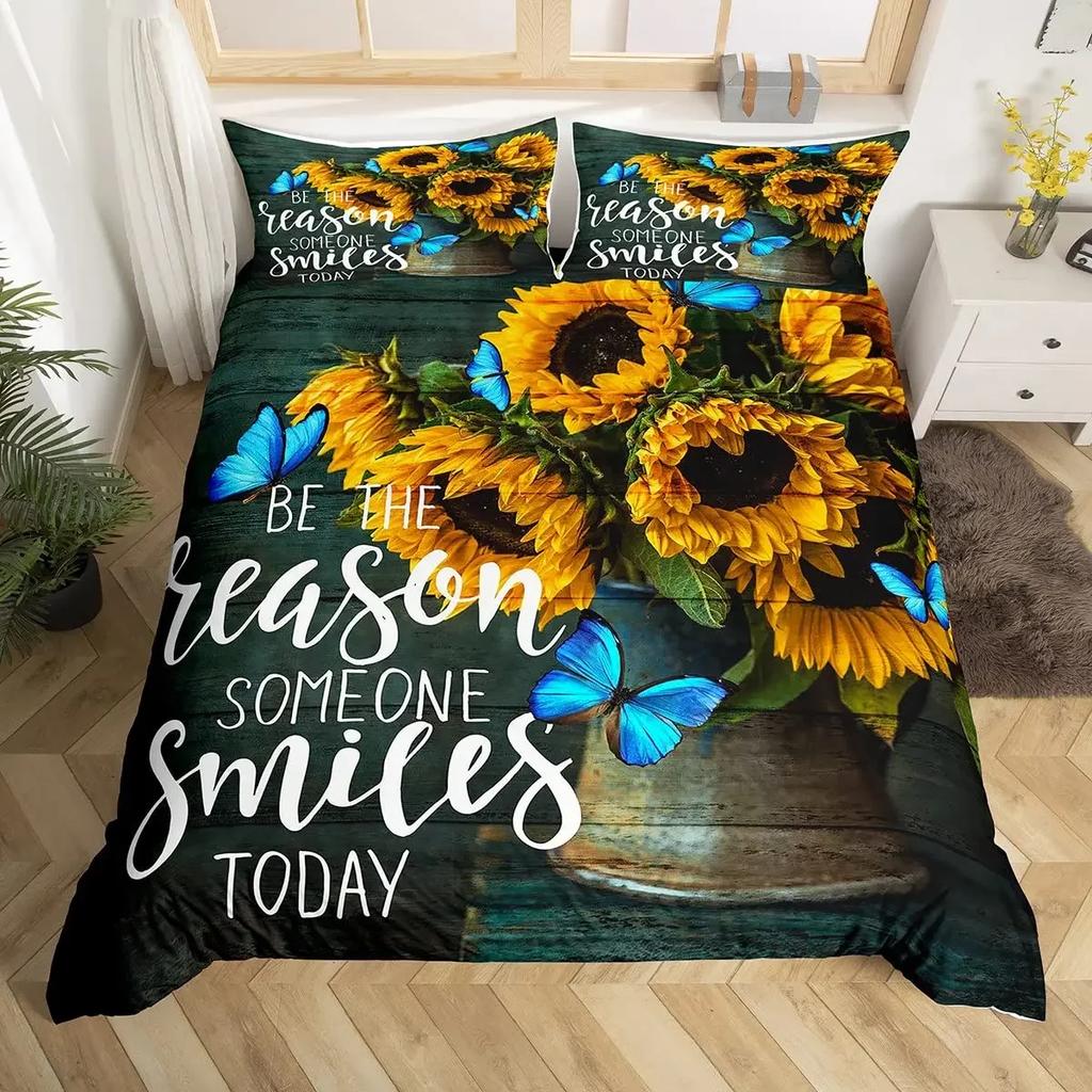 Sunflower Duvet Cover Set Yellow Flower Bedding Set Sunflower Botanical Floral Garden Bloom Print on Black Polyester Quilt Cover