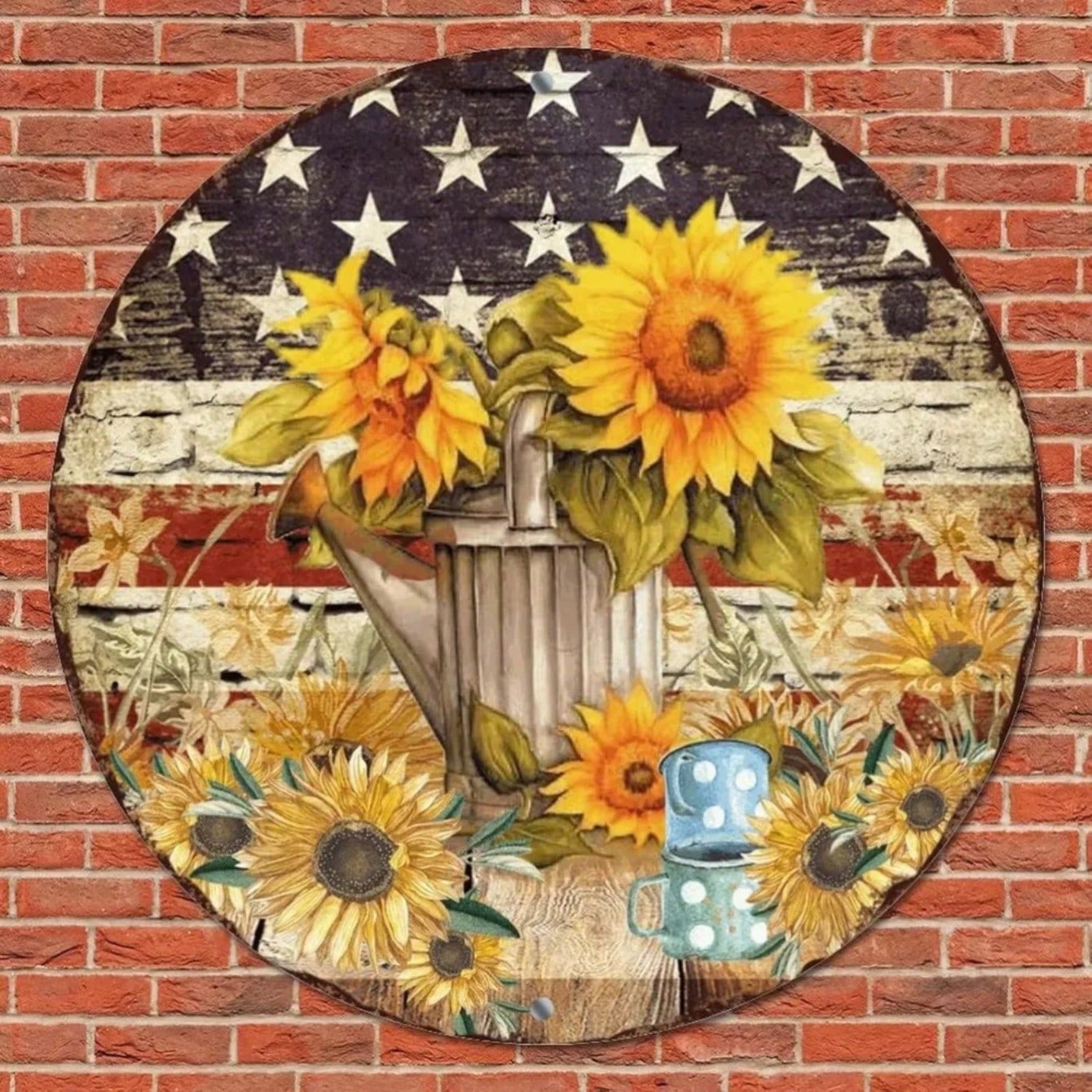 Vintage American Flag Tin Sign with Sunflower Wreath Rustic Wall Decor 20x20