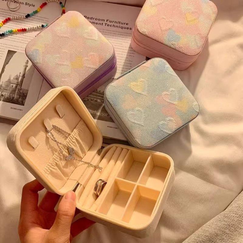 Portable Travel Jewelry Storage Box With Cute Heart Embroidery Multi Compartment For Daily Use Short Trips