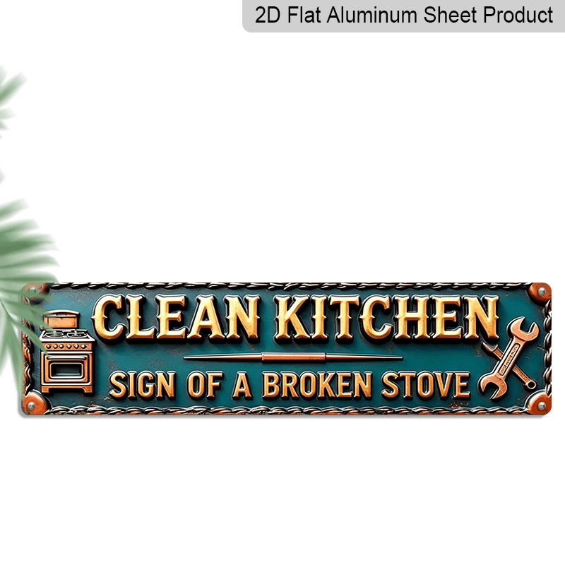 

2D Flat, 1pc Funny Vintage Stove-Themed Clean Kitchen Sign of a Broken Stove Metal Plaque - 15.7×3.94inch Retro Teal & Golden Outdoor/ Aluminum 40cm x 10cm