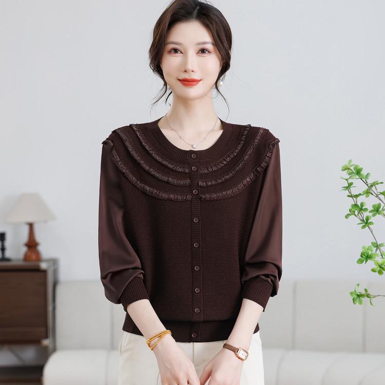 

Spring 2026 Women s Ice Silk Acetate Mesh Patchwork Knit T-shirt 2XL кавовий