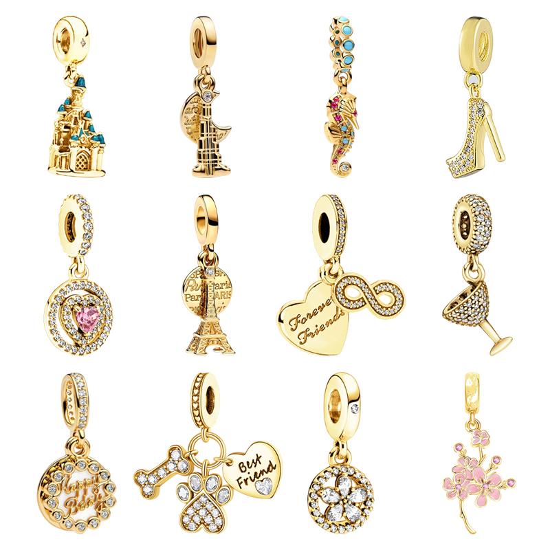 New Diy Jewelry Gift Engravable Heart & Arrow Double Sparkling Gold Flower & Heart Charm Beads Fit Original Bracelet Accessories