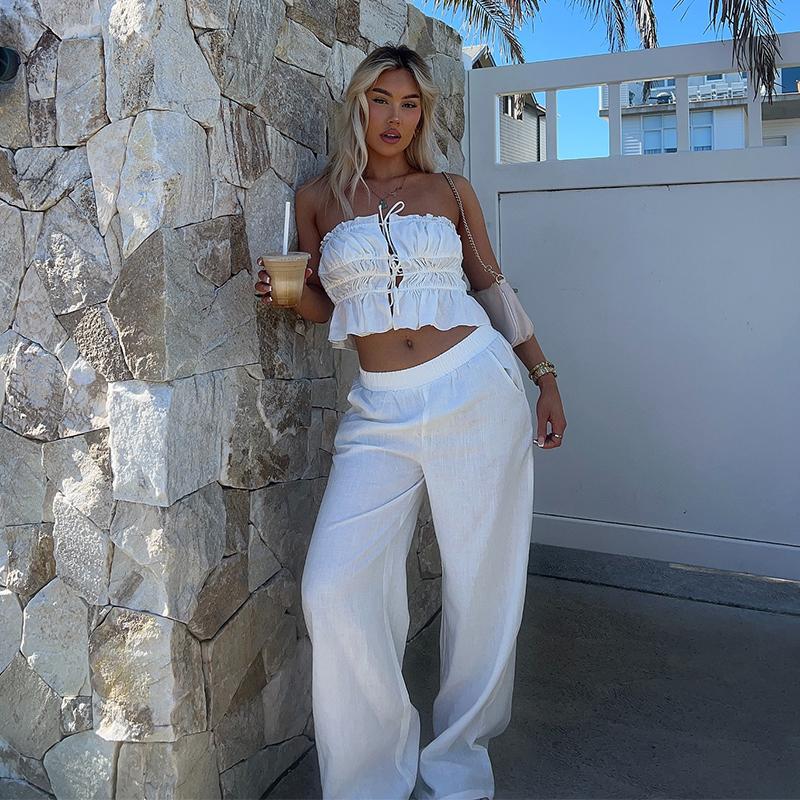 Elegant Solid Color Cotton Linen Two Pieces Set High Street Women Sexy Crop Top+Wide Leg Pants Suit Female 2 Piece Trousers Sets
