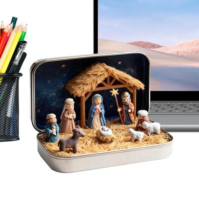 Escena del Nacimiento de Jesús en Miniatura de Navidad Set en Caja de Hierro en una Lata Hecho a Mano Belén de Bolsillo Regalo Pequeño Adorno Religioso