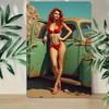 2D Flat, 1pc Retro Pinup Metal Sign 8x12 Inch - Vintage Redhead In Red Bikini & Green Classic Car Wall Art, Durable Metal Garage