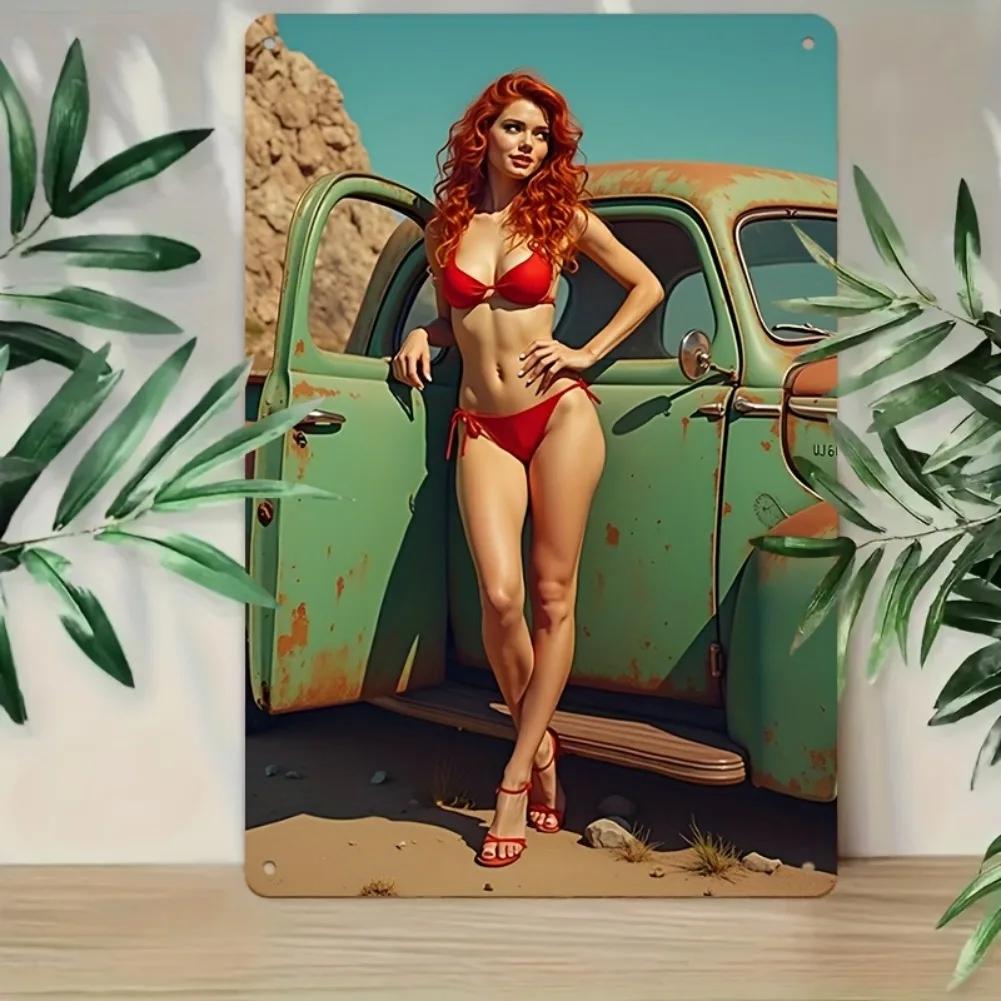 2D Flat, 1pc Retro Pinup Metal Sign 8x12 Inch - Vintage Redhead In Red Bikini & Green Classic Car Wall Art, Durable Metal Garage