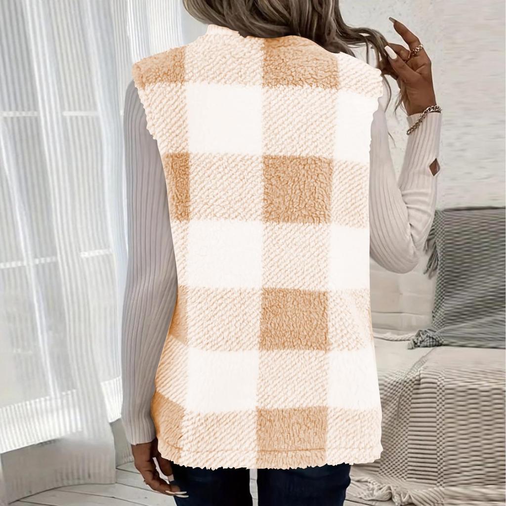 Plaid Fleece Vest For Women  Fall Winter Fuzzy Thermal Warm Sleeveless Jacket Trendy Outwear