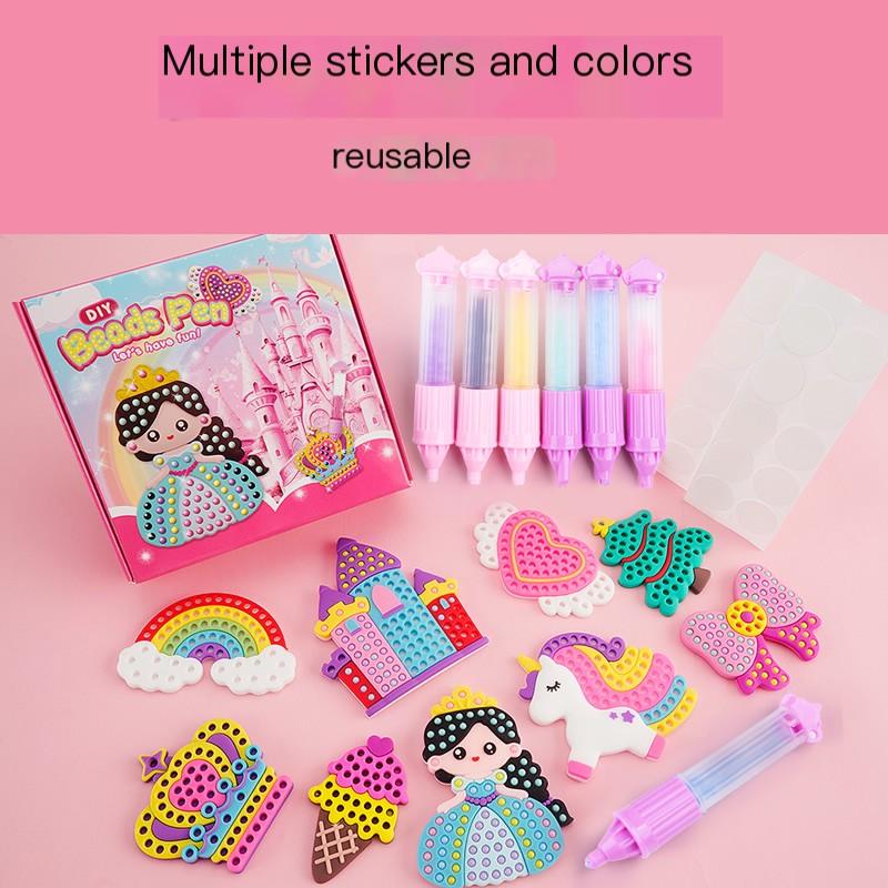 DIY Handmade Beads Pen Set Creative Princess Rainbow Bow Sticker Production Girls Toy Kit for Kids Gift