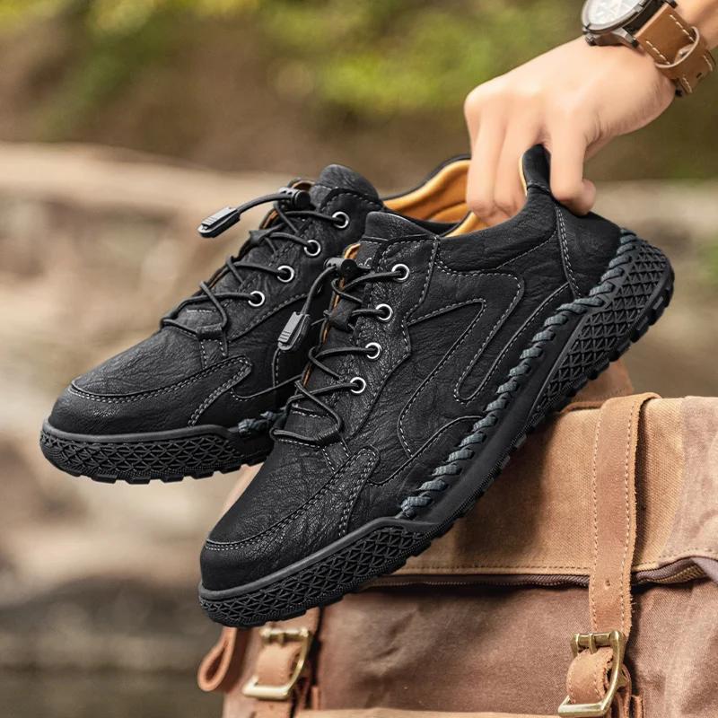 Non-Slip Leather Treking Footwear Leisure Lace Up Mens Casual Shoes Outdoor Male Sneakers Hiking Shoes All-match Driving Shoes