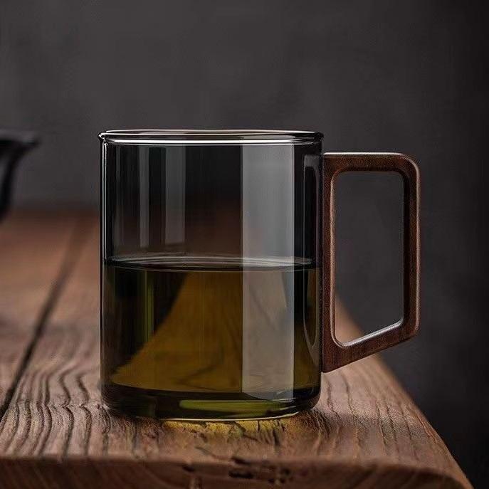 1pcs 400ml/500ml Walnut Wood Handle Glass Cup for Home and Office Use, Drinking Cup, High Temperature Resistant, Guest Water Cup