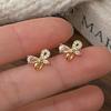 Real  Sterling Silver Mini 14K Gold Zircon Hollow Bowknot Stud Earring for Women Minimalist Cute Fine  Accessories
