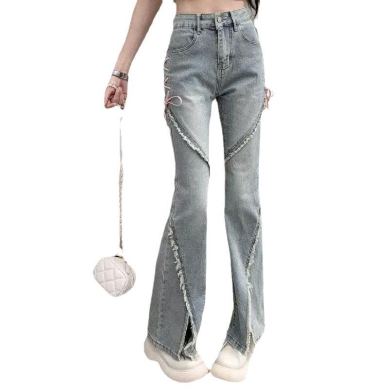 Women's High-Waist Strappy Flared Jeans - Autumn New Slim Fit with Elastic Split