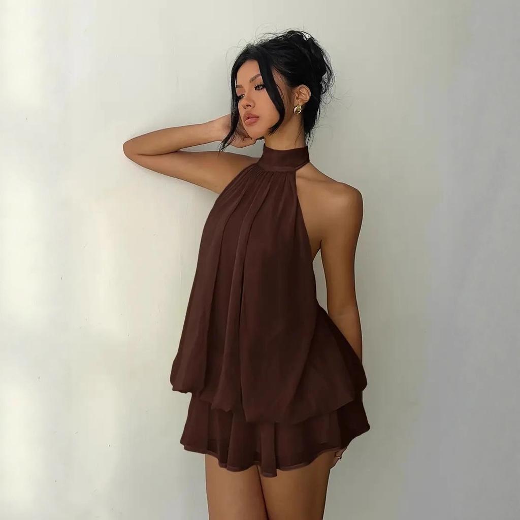 Damen-Urlaubskleid, figurbetont, sexy, rückenfrei, Neckholder-Top mit Bindegürtel und kurzem Puffrock