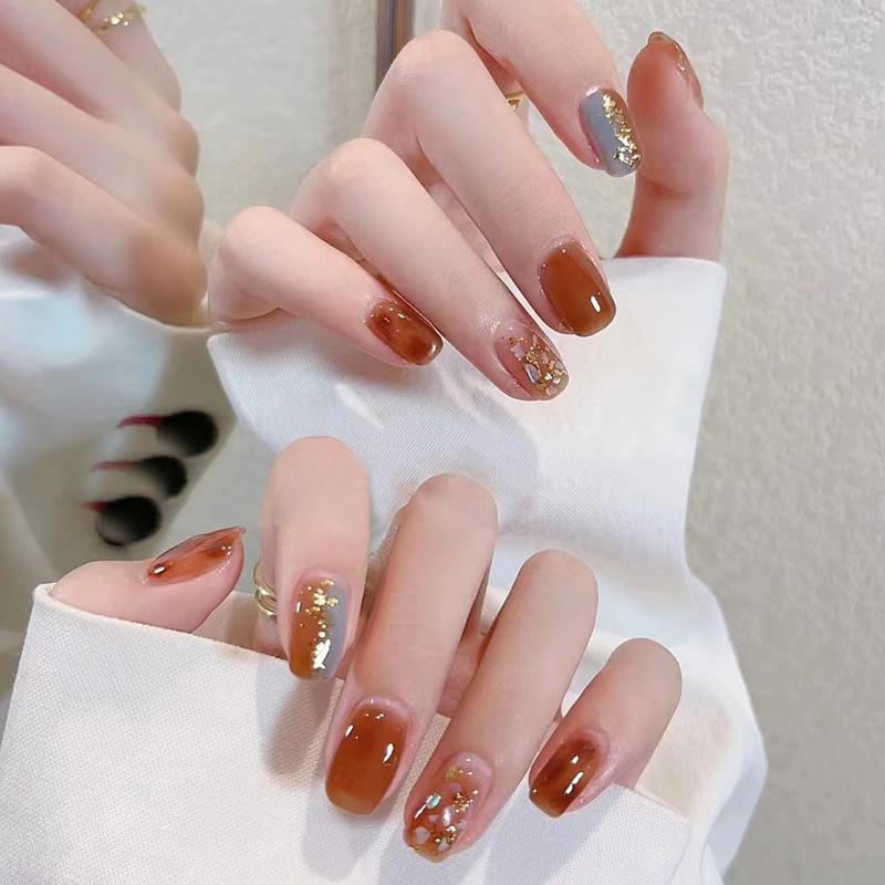 Fashion gentle caramel color nail art piece double color cold gray blue gradual change wearing nail jumping color nail art piece