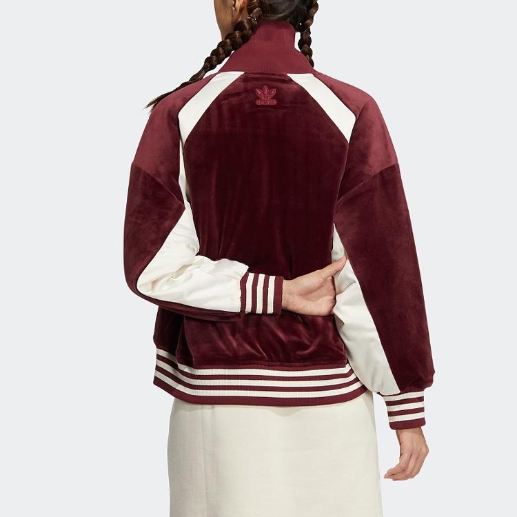 Adidas Originals Trefoil Striped Detail Logo Embroidery Color-Block Zip-Up Cotton Jacket Women Outerwear Burgundy HY4180