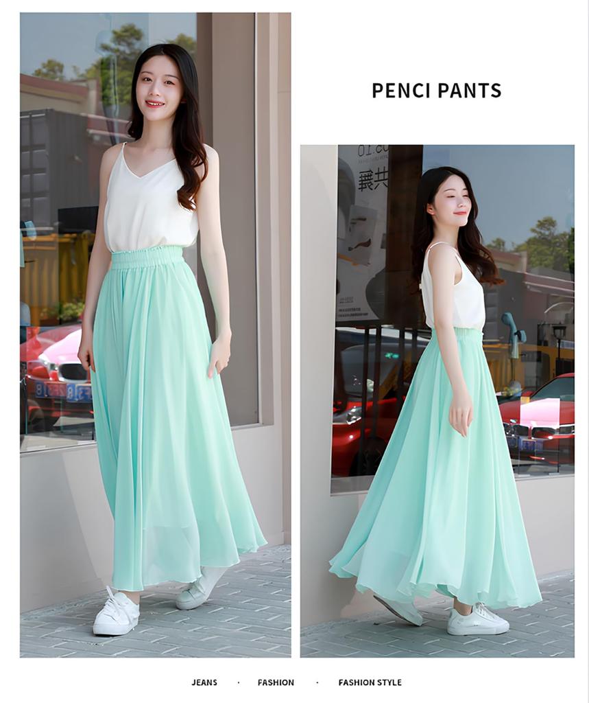 Village Chiffon Flowing Solid Long Loose Perfect for and Fall H&T Women's Skirt, High-Waist Design, Color, Comfortable, Elegant, Skirt, Fit, Simple,