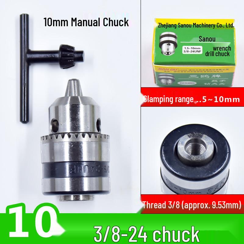 San Ou Self-Locking Hand-Tightened Drill Chuck 1.5-10mm, 3/8-24UNF Extension Rod