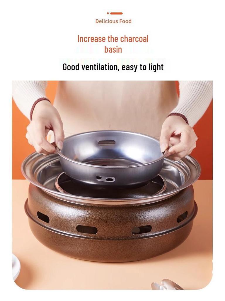 Round Stainless Steel Charcoal Grill for Home and Commercial Use - Japanese Yakiniku Style, Enclosed Design for Tea Boiling