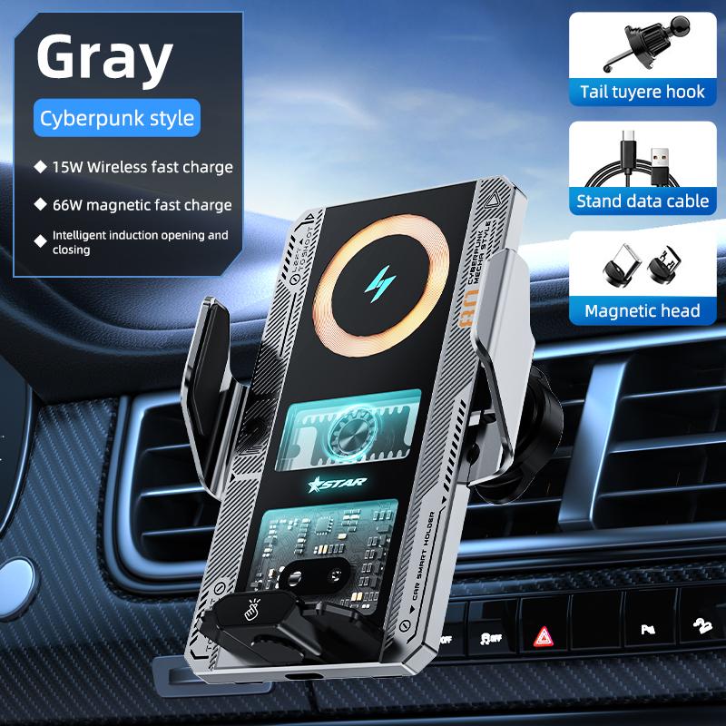 Car Smart Sensing Automatic Clamping Mounts for Samsung IPhone Xiaomi Phone Holder Wireless Charger Mounts 15W/66W Fast Charging Mecha-Silvery