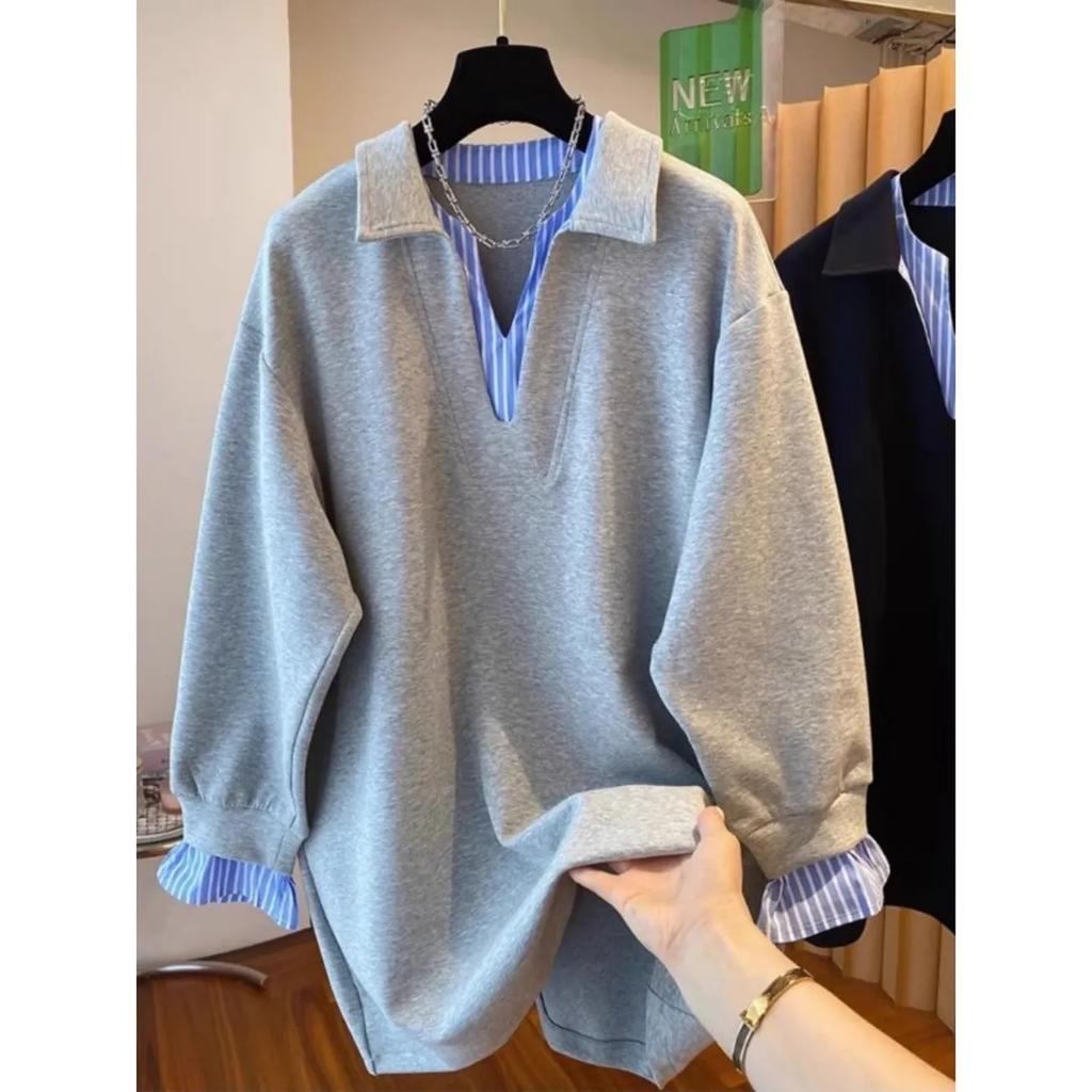 Neues modisches lockeres lässiges Oberteil mit Kragen, Fake-Zweiteiler, langärmlig, vielseitiger bedruckter Pullover, Sweatshirt