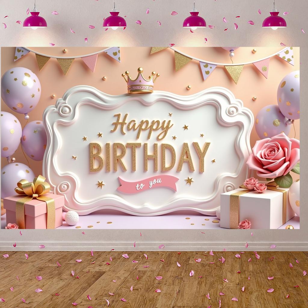 Princess Birthday Display Gift Box Design Pink Party Backdrop Royal Celebration Background Purple Balloon Birthday Decor Banner