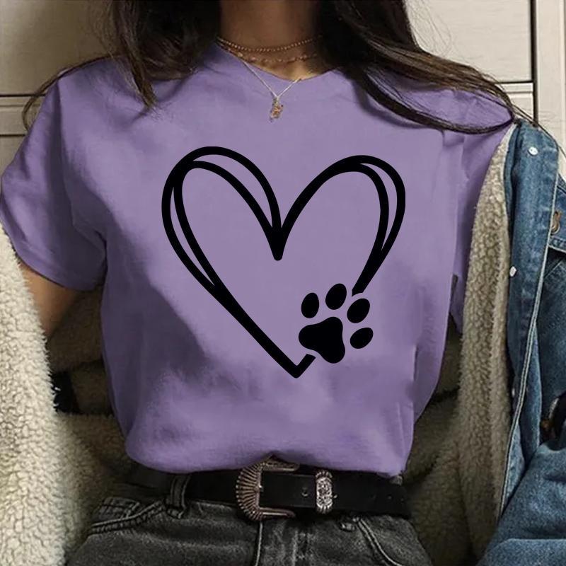Personalized Creative Heart Dog Paw Print Pattern Printed Tee Women's Funny Casual Shirt Tops Loose Round Neck T-Shirt