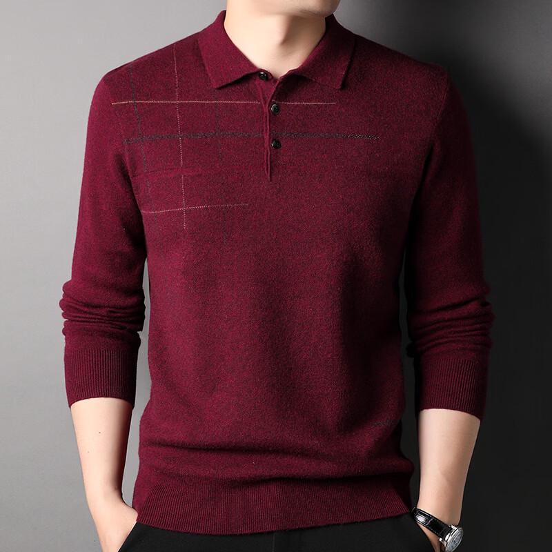 Hengyuanxiang Men's Pure Wool Turn-Down Collar Pullover Sweater