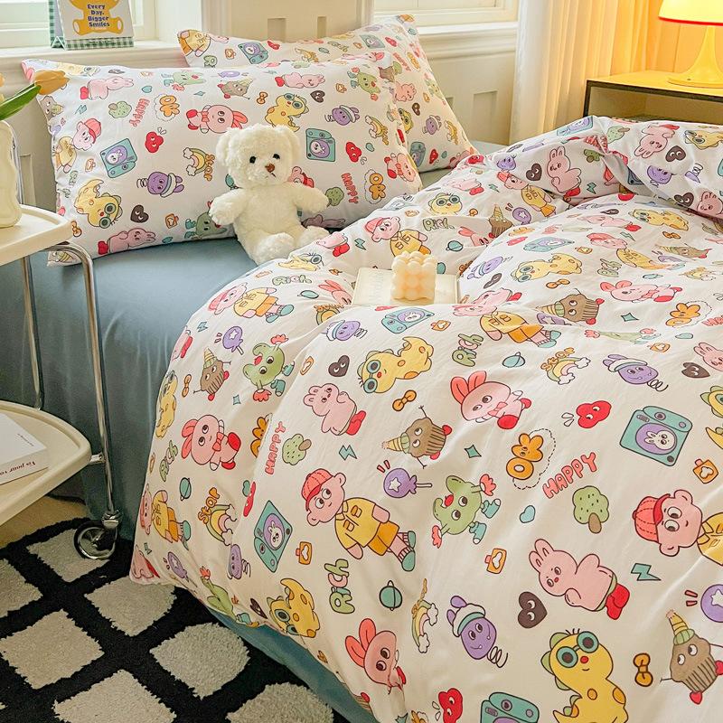 Small Clear Four-piece Set of Washed Cotton Sheets, Quilt Cover Three-piece Set of Bedding