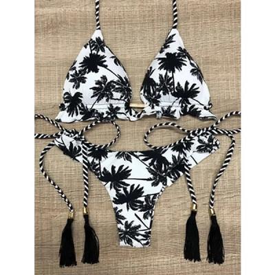 Sexy Black and White Coconut Tree Printed Bikini Sets Women Swimsuit Triangle Halter Swimwear Bathing Suit Brazilian
