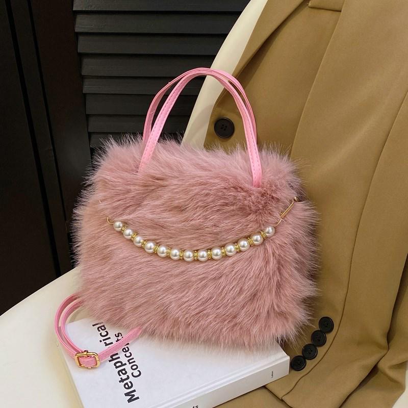 New Fashion Fluffy Plush Beaded Square Crossbody Bag - Versatile and Stylish for Commuting