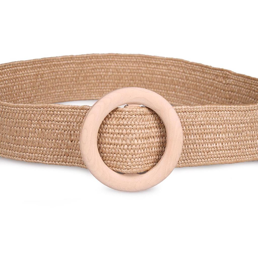Damen Ethno-Stil Runder Holzschnallen Raffia Gewebter Taillengürtel