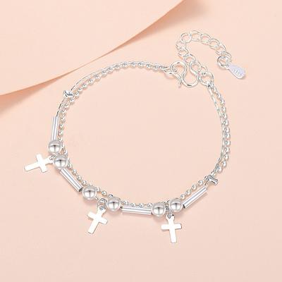 Kříž 925 Sterlingového Stříbra Módní Kulička Dvojitý Řetízek Dámský Náramek Trendy Elegantní Svatba Večírek Jemné Šperky Doplňky