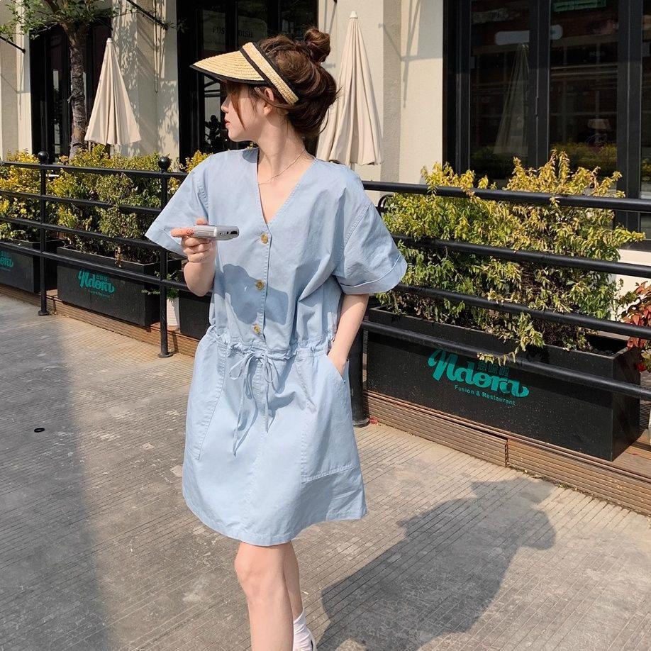Women s French Retro V-Neck Summer Dress - Sweet and Simple Casual Style S (90-110 kg)