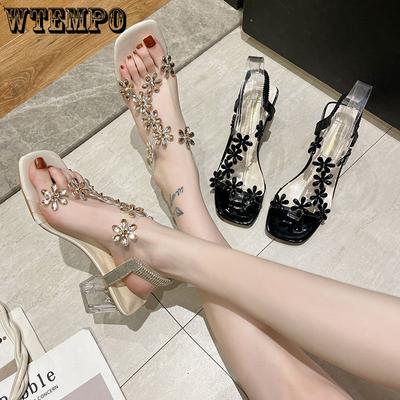 Sandals Female Summer Rome Elastic Strap with Buckle Rhinestone Flowers Transparent Thick with Crystal High Heels
