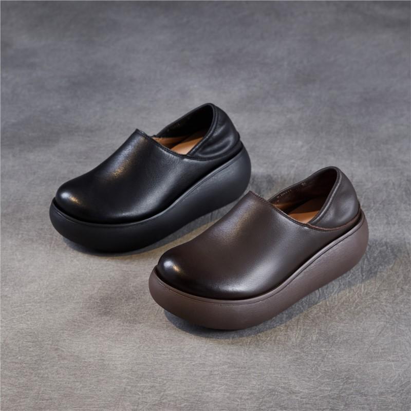Johnature Genuine Leather Thick Soled Loafers Retro Round Toe Women's Slip-on Flat Platform Shoes