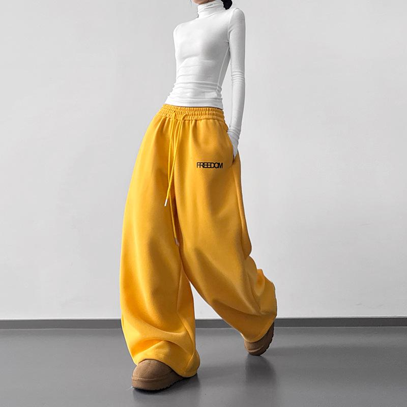 2026 Fall/Winter High-Waisted Drawstring Wide-Leg Letter Print Sweatpants Yellow - Extended